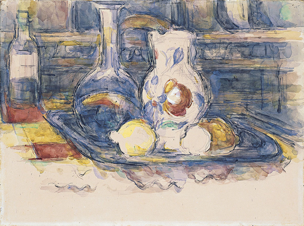 Botella, garrafa, jarro y limones de Paul Cézanne