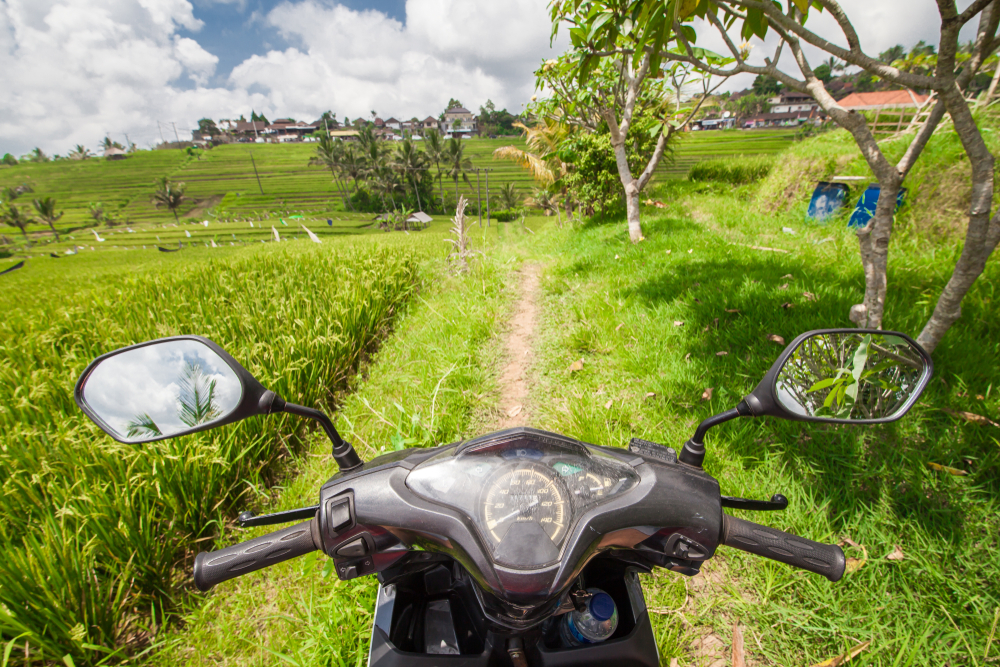 Moto en un campo de arroz en Bali
