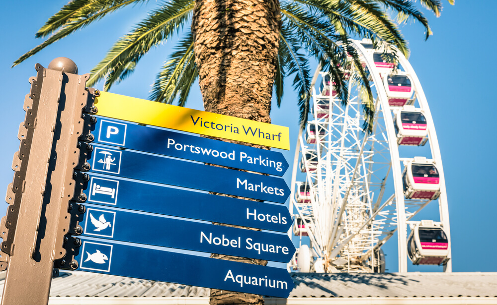 Cartel de atracciones en Waterfront