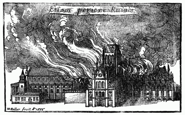 Grabado con la antigua catedral de San Pablo en llamas