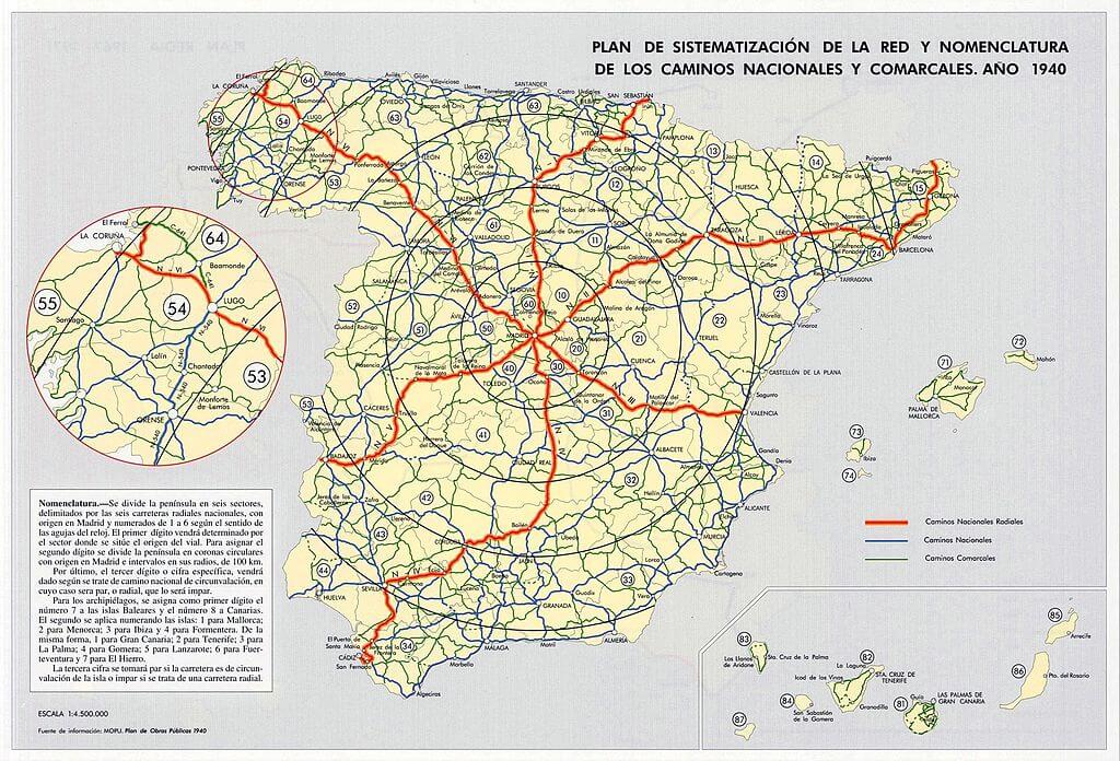 Mapa de la numeración de las carreteras en España