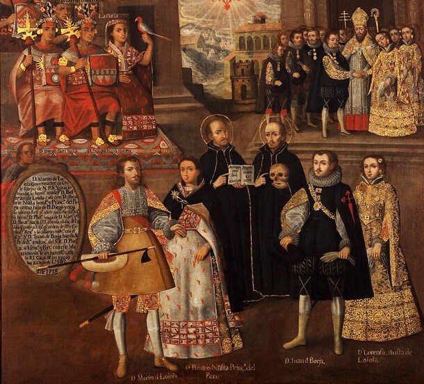 Cuadro Matrimonios de Martín de Loyola con Beatriz Ñusta y de Juan de Borja con Lorenza Ñusta de Loyola, de la escuela cusqueña