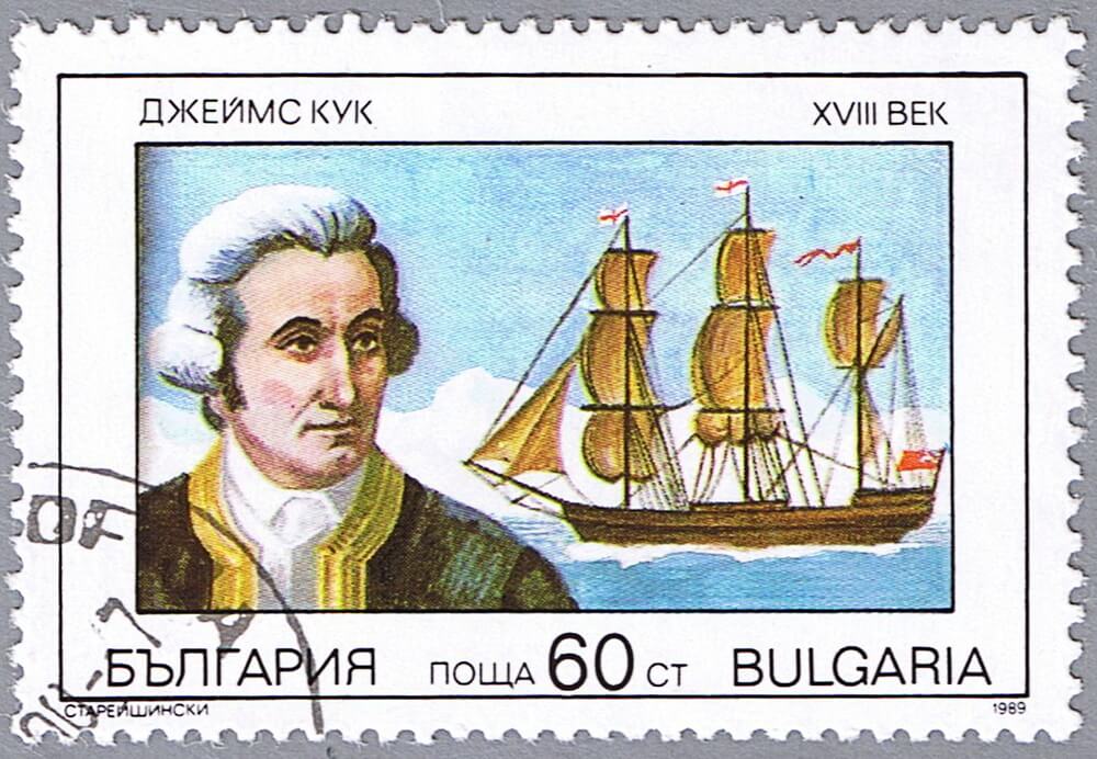 Estampilla de Bulgaria en homenaje a James Cook.