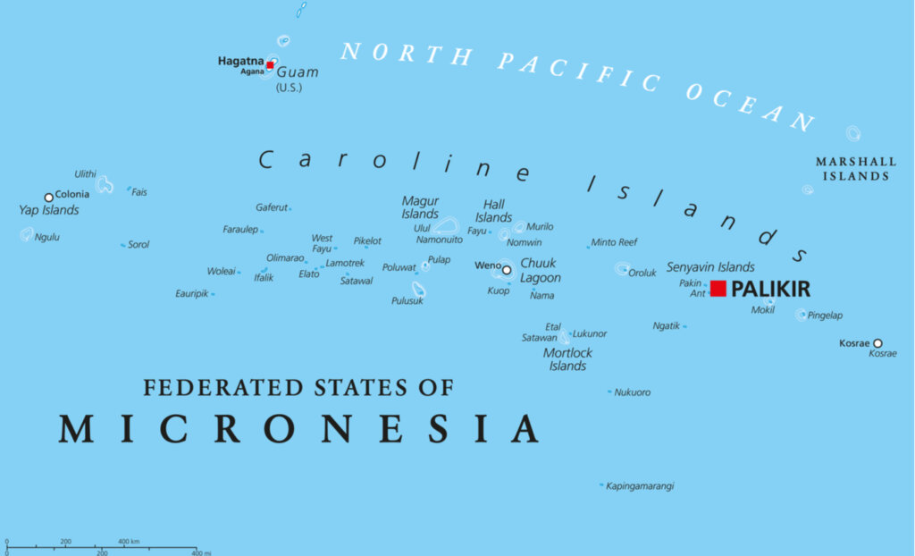 Mapa de las islas de los Estados Federados de Micronesia.