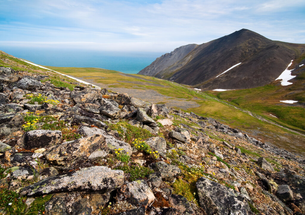 Paisaje en la costa oriental de Rusia, en dirección a las islas Diómedes.