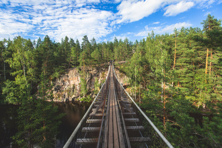 Parque natural en Finlandia, puente en madera.